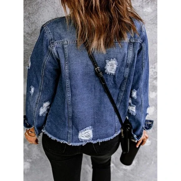 NWOT EVALESS Women's XL  Distressed Washed Crop Denim Jean Jacket Coat VERY NICE - Picture 2 of 6
